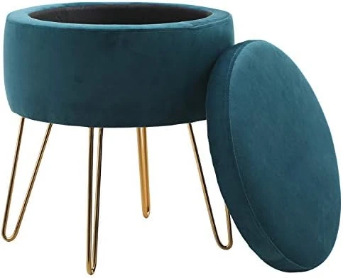 Sophia & William Round Storage Ottoman Footrest Stool With Removable Lid Side Table Seat Padded Velvet With Gold Metal Legs Upholstered Decorative Furniture For Living Room, Bedroom-Teal - Image 5