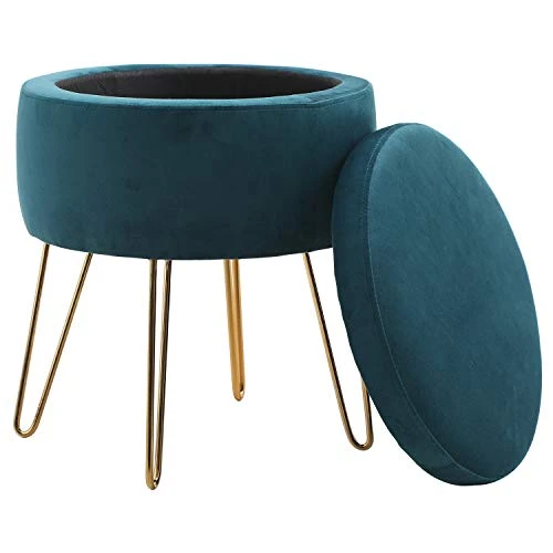 Sophia & William Round Storage Ottoman Footrest Stool With Removable Lid Side Table Seat Padded Velvet With Gold Metal Legs Upholstered Decorative Furniture For Living Room, Bedroom-Teal