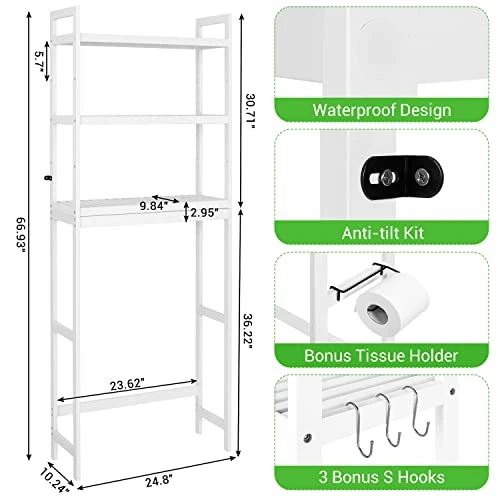 Ohuhu Over The Toilet Storage, Bamboo 3-Tier Over Toilet Bathroom Organizer, Adjustable Shelf Above Toilet With Paper Holder And 3 Hooks, Space Saver Toilet Stand Rack For Restroom Laundry, White - Image 2