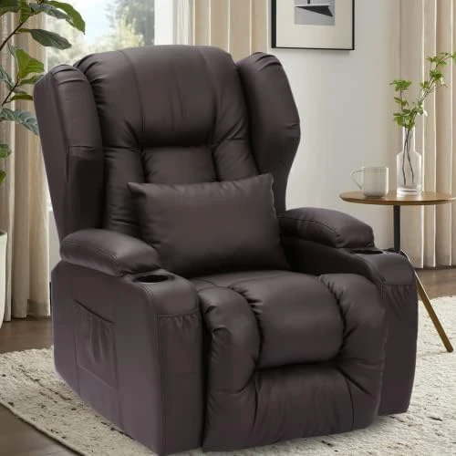 ETAGERIA Rocker Recliner Chair, 360° Swivel Glider Recliner - Ergonomic Leather Lounge Rocking Chairs For Nursery With Cup Holders/Side Pockets/Pillow For Living Room (Black Grey-1) - Image 7