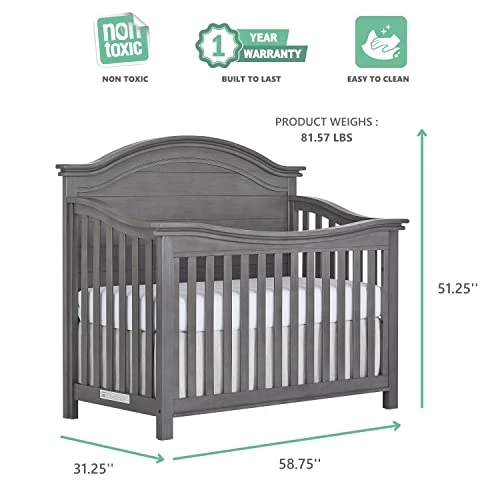 Evolur Belmar Curve 5-in-1 Convertible Crib In Rustic Grey, Greenguard Gold Certified, Features 3 Mattress Height Settings, Crafted From Hardwood, Wooden Nursery Furniture - Image 3