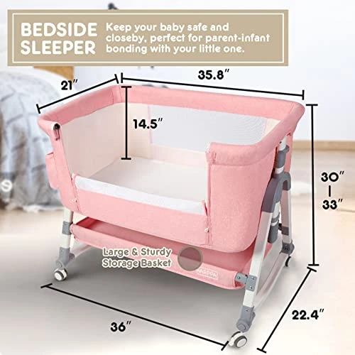 HARPPA Baby Bassinet Bedside Sleeper (Diaper Changing Station + Mosquito Net Included), Adjustable Bedside Crib With Storage, Converts To Cradle And Cosleeper, Portable, Easy Folding. Pink - Image 2