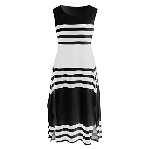 Snowfoller Women Striped Long Dress Casual Sleeveless Round Neck Irregular Hem Party Dresses - Image 3
