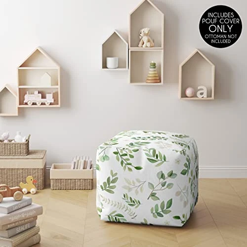 Sweet Jojo Designs Green Boho Floral Leaf Boy Girl Ottoman Pouf Cover Unstuffed Poof Floor Footstool Square Cube Pouffe Storage Baby Nursery Kids Room Sage White Bohemian Gender Neutral Watercolor - Image 2