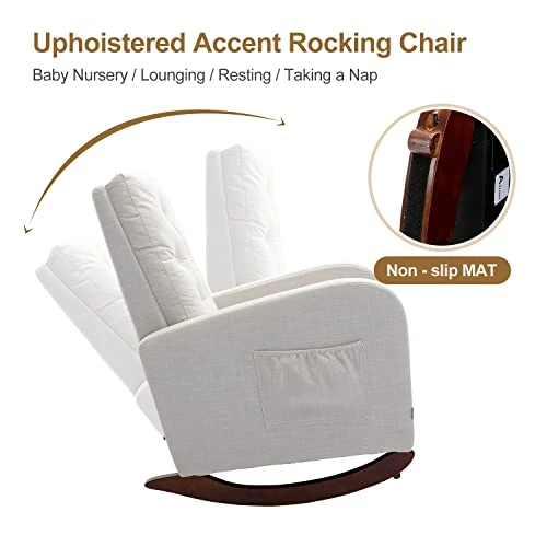 Rocking Chair Modern,Upholstered Glider Rocker Chair For Nursery,Comfy Armchair With Side Pocket For Living Room (White) - Image 5