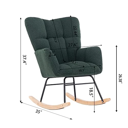 Krinana Teddy Fabric Nursery Rocking Chair, Rocker Armchair With Solid Wood Legs, Glider Chair Nursery With High Backrest For Living Room Apartment (Teddy Fabric,Green) - Image 2