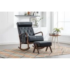 Rocking Chair, Mid-Century Modern Upholstered Fabric Rocking Armchair With Ottoman, High Back Nursery Rocker With Button Tufted Back, Accent Glider Rocker Chair For Living Room Bedroom, Black PU