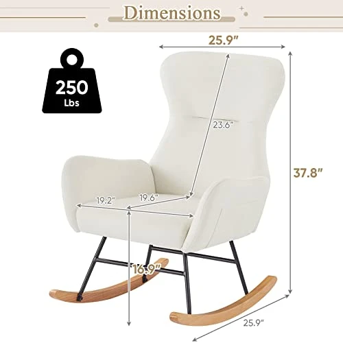 KINFFICT Accent Rocking Chair, Velvet Tufted Upholstered Glider Rocker For Nursery, Comfy Armchair With Side Pockets, Modern Lounge Arm Chair For Living Room, Bedroom (Velvet Off White) - Image 2