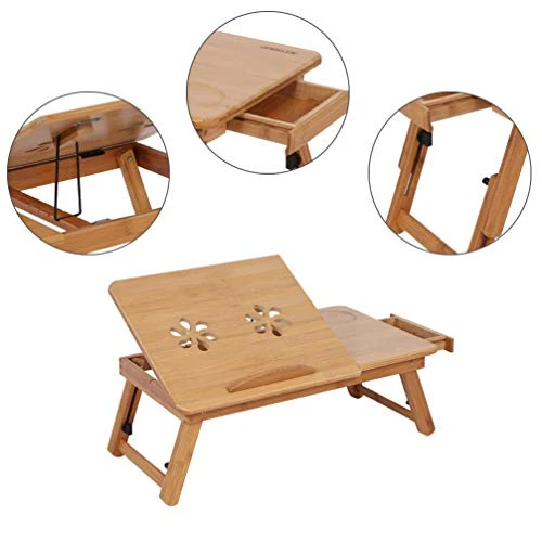 HQLCX Bamboo Laptop Table Adjustable Folding Computer Desk Bed Office Notebook Stand Portable TV PC Lapdesk With Drawer - Image 4