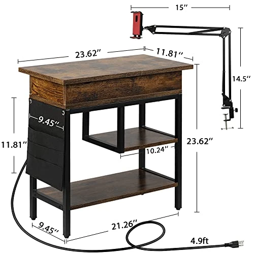 Hadulcet Side Table With Charging Station, Narrow Sofa End Table With Storage Shelf & Adjustable Stand Rustic Brown - Image 6
