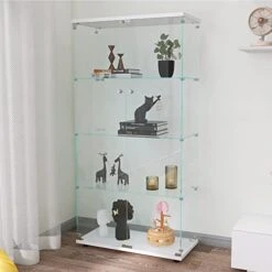 Goujxcy 4-Shelf Glass Display Cabinet With Double Doors, 64" Contemporary Glass Cabinet Floor Standing Curio Cabinet Collection Display Case Storage Rack Corner Cabinet Tempered Glass Frame Bookshelf