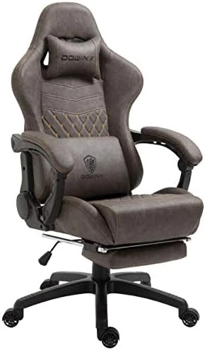 Dowinx Gaming Chair Office Chair PC Chair With Massage Lumbar Support, Vintage Style PU Leather High Back Adjustable Swivel Task Chair With Footrest (Light Grey) - Image 7