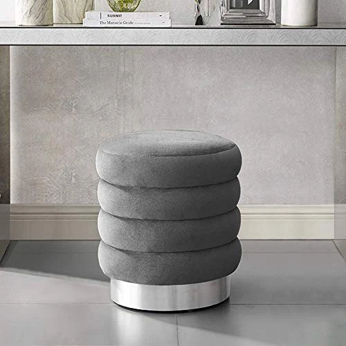 MEXIYA Della Grey Textured Velvet Ottoman With Silver Finish Stainless Steel Base,Pack Of 1 - Image 5