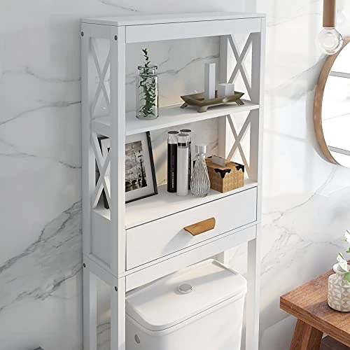 Otryad White Over-The-Toilet Storage, Wooden Above Toilet Storage Cabinet With Drawer And Open Shelves, Bathroom Cabinet Organizer Standing Rack - 23.62" L X 7.87" W X 64.76" H - Image 4