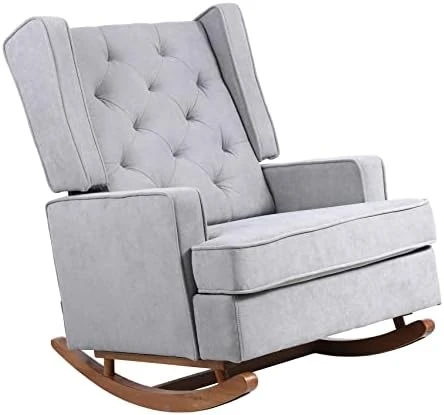Dolonm Nursery Rocking Chair Upholstered Mid Century Modern Rocker Oversized Wingback Armchair For Living Room With Solid Wood Base (Beige) - Image 11
