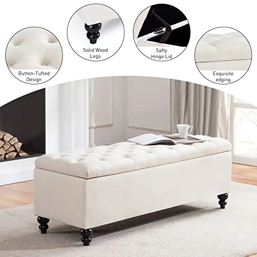HUIMO Button-Tufted Ottoman With Storage In Upholstered Fabrics, Large Storage Bench For Bedroom, Living Room, Entryway, Storage Ottoman Bench With Safety Hinge Hold Up To 300lbs (Ivory) - Image 4