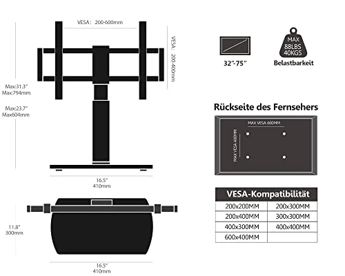 FITUEYES Universal TV Stand, Swivel TV Table Stand For 32-65 70 75 Inch Flat Screen, Table Top TV Stand Base Replacement, Height Adjustable TV Mount Stand With Glass Base, Max Holds 88lbs - Image 3
