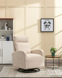 Luccalily Swivel Rocking Chair For Nursery, Upholstered Glider Nursery Chair With Breathable Fabric For Bedroom, Living Room, Beige