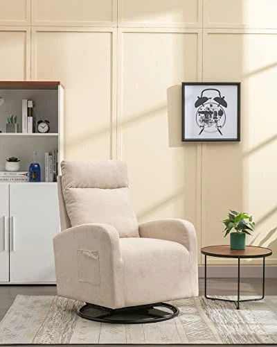 Luccalily Swivel Rocking Chair For Nursery, Upholstered Glider Nursery Chair With Breathable Fabric For Bedroom, Living Room, Beige