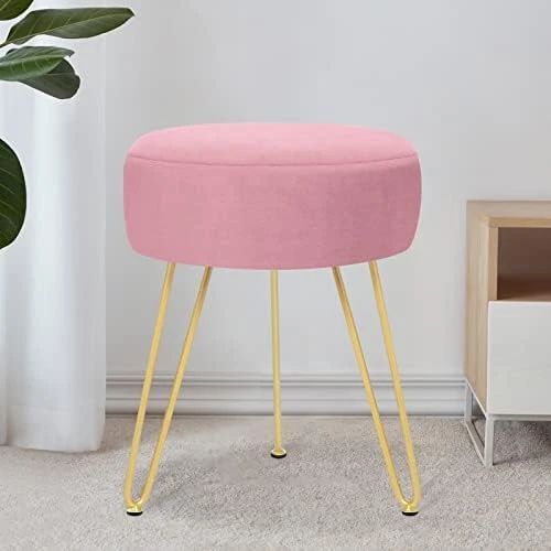 YOONIC Velvet Soft Modern Vanity Stool -Round Footrest Stool Ottoman Side Table Seat Dressing With Golden Metal Leg And Sponge Filling,Upholstered Foot Rest, For Living Room And Bedroom Pink - Image 13
