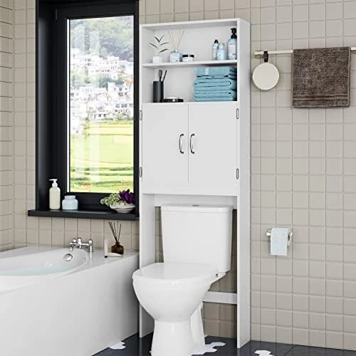 HOSTACK Over The Toilet Storage, Double Door Bathroom Organizer Toilet Cabinet, Freestanding Above Toilet Rack With Open Shelves And Adjustable Bottom Bar, 76.8 In H, Ash Gray - Image 6
