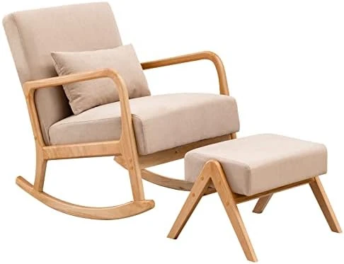 OKAKOPA Rocking Chair And Side Table, Modern Wood Small Accent Table End Tables Rocker Nursery Glider For Nursery Chair With Footrest For Living Room Bedroom (Table, Chair, Ottoman, Pillow - Beige) - Image 9