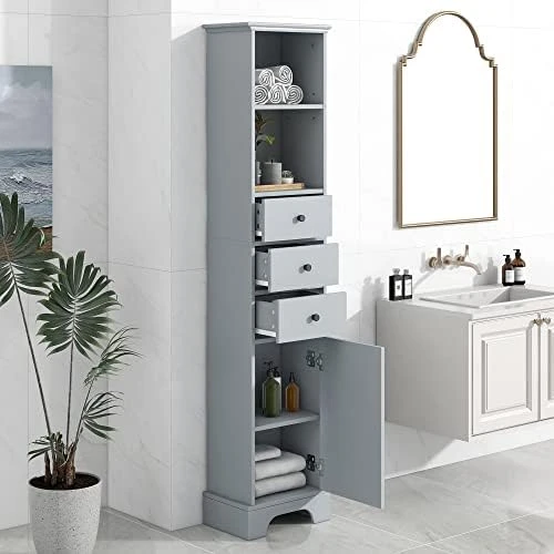 P PURLOVE Bathroom Storage Cabinet, Narrow Tall Slim Floor Cabinet With Drawers And 3 Tier Open Shelves, Tall Storage Cabinet With Door And Adjustable Shelf, For Bathroom, Living Room, Kitchen, Grey - Image 7