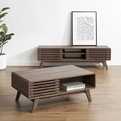 Mopio Ensley Coffee Table, Mid Century Modern Coffee Table With Storage, Rectangle Living Room Tables, Center Table (Coffee Table + 59" TV Stand, Walnut)