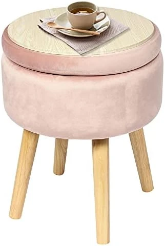 B FSOBEIIALEO Round Storage Ottoman, Soft Padded Velvet Footstool Vanity Makeup Chair, With Wooden Legs & Tray Top 14.17" (Blue) - Image 8