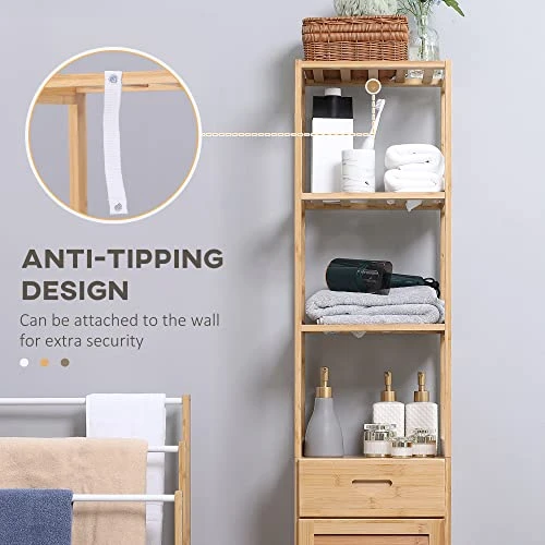 Kleankin Tall Bathroom Cabinet With Drawer And Slatted Shelves, Tall Slim Bamboo Linen Tower Freestanding Linen Towel With Louvered Door, Natural - Image 5