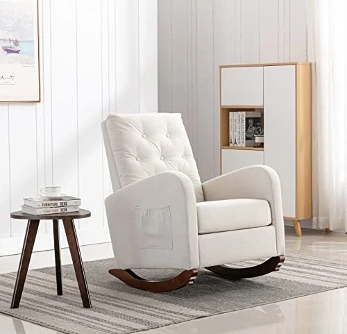SmartDer Comfy Rocking Chair Nursery, Padded Rocking Chair With A Pocket, Accent Armchair With High Backrest And Solid Wood Base, Modern Lounge Living Room Chair For Nursery, Beige-Smooth Backrest - Image 11
