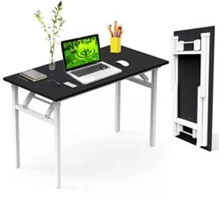Halter Folding Desk Table, No Assembly Collapsible Computer Desk For Office, Bedroom, And Study - 47” Space-Saving Portable, Foldable Study Table - Black Table Top, White Frame