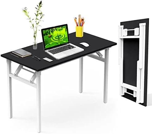 Halter Folding Desk Table, No Assembly Collapsible Computer Desk For Office, Bedroom, And Study - 47β Space-Saving Portable, Foldable Study Table - Black Table Top, White Frame - Image 6