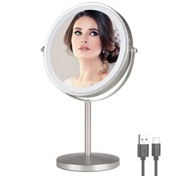 Rechargeable 8 Inch Desktop Vanity Mirror With Lights, 3 Colors 1X/10X Table Lighted Makeup Mirror With 360° Rotation Touch Screen, LED Dimmable Desk Lit Cosmetic Magnifying Mirror Brushed Nickel