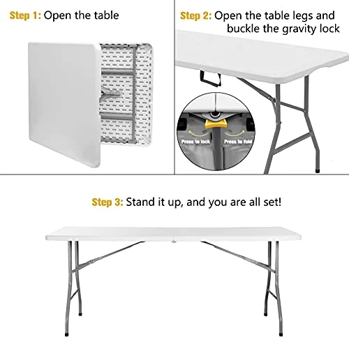Byliable Folding Table 6ft Portable Heavy Duty Plastic Fold-in-Half Utility Foldable Table Plastic Dining Table Indoor Outdoor For Camping, And Party, White - Image 3