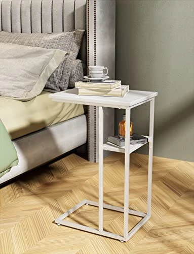 Innerjoin C Shaped End Table, Side Table With Metal Frame, TV Tray Table For Couch, Sofa Table For Living Room Bedroom, Bedside, Rustic Vintage Style, White - Image 6