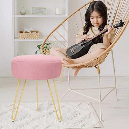 YOONIC Velvet Soft Modern Vanity Stool -Round Footrest Stool Ottoman Side Table Seat Dressing With Golden Metal Leg And Sponge Filling,Upholstered Foot Rest, For Living Room And Bedroom Pink - Image 4
