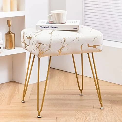 Modern Mink Square Footstool Ottoman Bench, White Faux Fur Vanity Stool With Gold Legs, Comfy Vanity Chair Entryway Bench, Makeup Stools For Vanity, Plush Fluffy Footrest For Bedroom, Living Room - Image 6