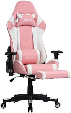 OHAHO Gaming Chair Racing Style Office Chair Adjustable Massage Lumbar Cushion Swivel Rocker Recliner Leather High Back Ergonomic Computer Desk Chair With Retractable Arms And Footrest (Pink/White) - Image 8
