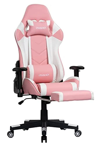 OHAHO Gaming Chair Racing Style Office Chair Adjustable Massage Lumbar Cushion Swivel Rocker Recliner Leather High Back Ergonomic Computer Desk Chair With Retractable Arms And Footrest (Pink/White)