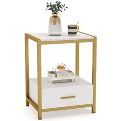 Tribesigns 25 Inch Tall Gold Nightstands With Drawers And Storage Shelf, Modern Bedside Table End Table Side Table For Bedroom, Living Room (1 Pc, Gold And White)