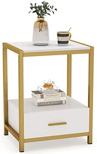 Tribesigns 25 Inch Tall Gold Nightstands With Drawers And Storage Shelf, Modern Bedside Table End Table Side Table For Bedroom, Living Room (1 Pc, Gold And White) - Image 6