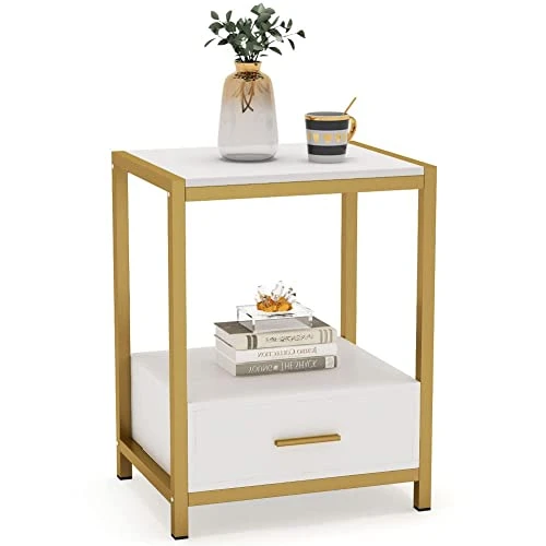 Tribesigns 25 Inch Tall Gold Nightstands With Drawers And Storage Shelf, Modern Bedside Table End Table Side Table For Bedroom, Living Room (1 Pc, Gold And White)