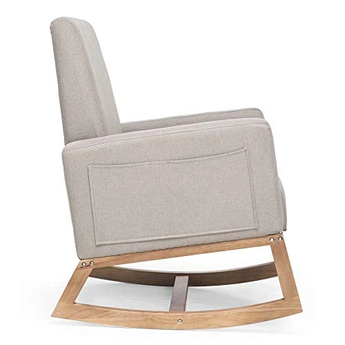 Paddie Rocking Chair Nursery Fabric Rocking Sofa Armchair With Solid Wood Base, Side Pocket, Linen Fabric Upholstered Baby Rocking Chair For Living Room (Beige) - Image 3