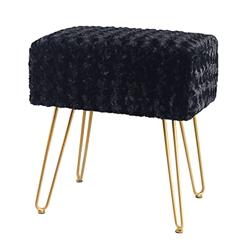 SCRIPTRACT Modern Mink Square Footstool Ottoman Bench Flower Pattern Furry Faux Fur Vanity Stool Chair With Golden Metal Leg For Vanity Entryway Bathroom Living Room Bedroom (Black Rose) - Image 5