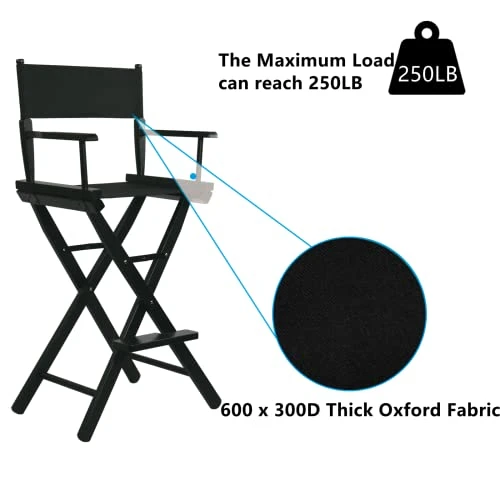 JXUFDHO Tall Directors Chair Foldable 30'', Makeup Chair Black For Makeup Artist, 250lbs Capacity Solid Hardwood,Black - Image 4