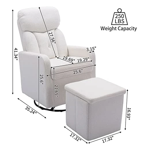 Taiweny Swivel Rocking Chair With Storage Ottoman, Teddy Fabric Upholstered Glider Rocker Sherpa Boucle Armchair And Folding Foot Stool For Nursery, Bedroom, Living Room (White)
