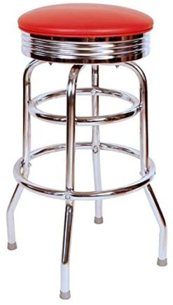 Richardson Seating Retro Chrome Swivel Metal Bar Stool, Red, 30"