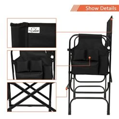 OmySalon 30" Tall Directors Chair Black Folding With Side Table Storage Bag,Aluminum Frame 300 Lbs Capacity, 33.8" L X 19.2" W X 45.6" H,Portable Makeup Artist Bar Height