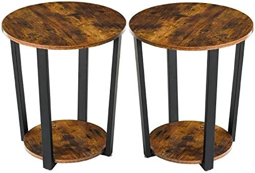 YMYNY Industrial End Table, 2 Tier Round Side Table With Sturdy Metal Frame, Vintage Nightstand For Living Room, Bedroom, Set Of 2, With Storage, Easy Assembly, Rustic Brown UHTMJ020H-2 - Image 6